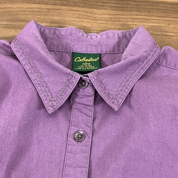 Cabelas Womens Purple Relaxed Cropped Embroidered Short Slv Button Dn Shirt Sz L - Picture 1 of 8